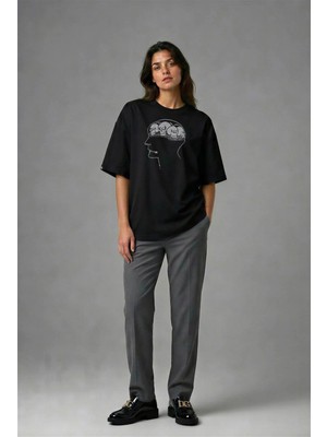 Posh Cabal F02044 Baskılı Oversize Siyah Kadın T-Shirt