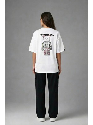 Posh Cabal A03039 Baskılı Oversize Beyaz Kadın T-Shirt