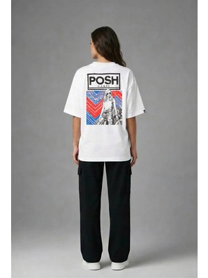 Posh Cabal A03121 Baskılı Oversize Beyaz Kadın T-Shirt