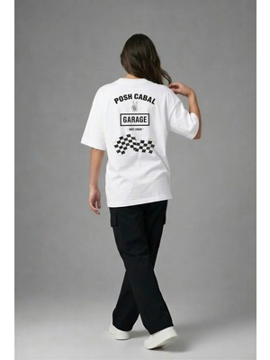 Posh Cabal A03142 Baskılı Oversize Beyaz Kadın T-Shirt