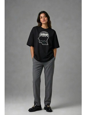 Posh Cabal F01031 Baskılı Oversize Siyah Kadın T-Shirt