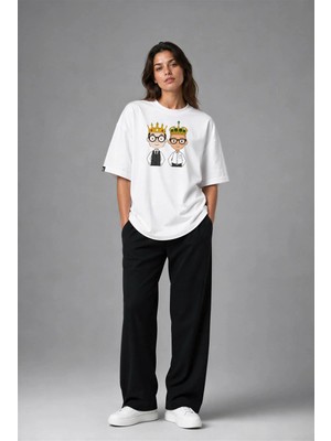 Posh Cabal F02026 Baskılı Oversize Beyaz Kadın T-Shirt