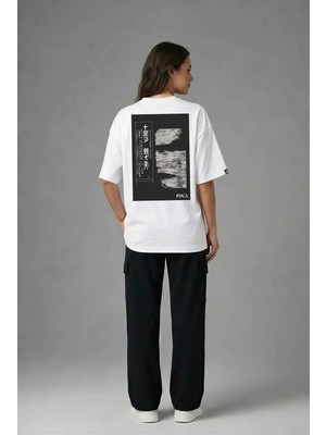 Posh Cabal A03128 Baskılı Oversize Beyaz Kadın T-Shirt