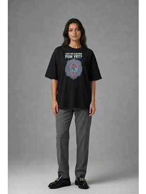 Posh Cabal F02047 Baskılı Oversize Siyah Kadın T-Shirt