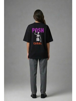 Posh Cabal A02077 Baskılı Oversize Siyah Kadın T-Shirt
