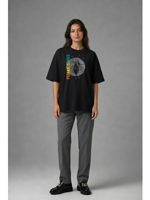 Posh Cabal F01042 Baskılı Oversize Siyah Kadın T-Shirt