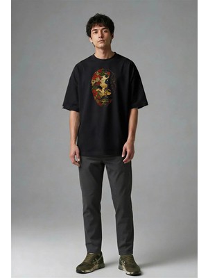 Posh Cabal F01047 Baskılı Oversize Siyah Erkek T-Shirt