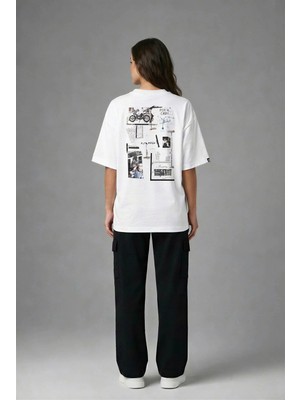 Posh Cabal A03141 Baskılı Oversize Beyaz Kadın T-Shirt
