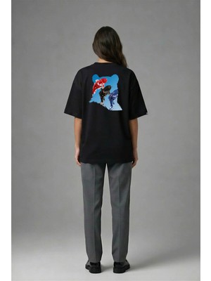 Posh Cabal A02056 Baskılı Oversize Siyah Kadın T-Shirt
