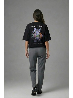 Posh Cabal A01100 Baskılı Oversize Siyah Kadın T-Shirt