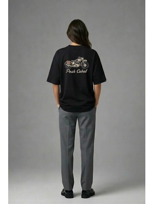Posh Cabal A01072 Baskılı Oversize Siyah Kadın T-Shirt