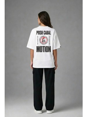 Posh Cabal A03101 Baskılı Oversize Beyaz Kadın T-Shirt