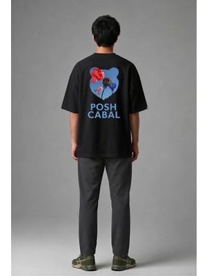 Posh Cabal A02061 Baskılı Oversize Siyah Erkek T-Shirt