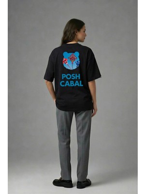 Posh Cabal A02059 Baskılı Oversize Siyah Kadın T-Shirt