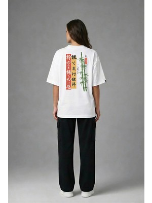 Posh Cabal A03015 Baskılı Oversize Beyaz Kadın T-Shirt