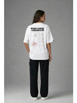 Posh Cabal A03012 Baskılı Oversize Beyaz Kadın T-Shirt
