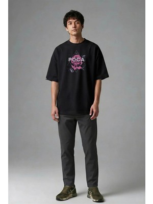 Posh Cabal F01017 Baskılı Oversize Siyah Erkek T-Shirt