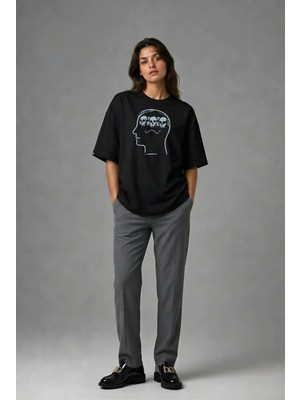 Posh Cabal F02041 Baskılı Oversize Siyah Kadın T-Shirt