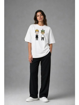 Posh Cabal F02034 Baskılı Oversize Beyaz Kadın T-Shirt
