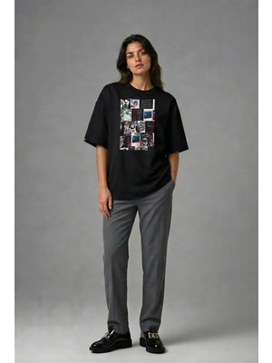 Posh Cabal F01044 Baskılı Oversize Siyah Kadın T-Shirt