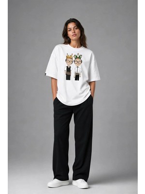 Posh Cabal F02036 Baskılı Oversize Beyaz Kadın T-Shirt