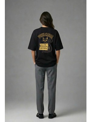 Posh Cabal A02086 Baskılı Oversize Siyah Kadın T-Shirt