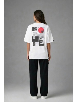 Posh Cabal A02139 Baskılı Oversize Beyaz Kadın T-Shirt