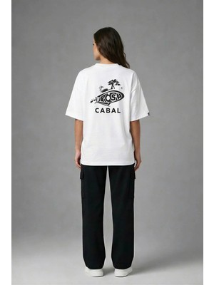 Posh Cabal A03044 Baskılı Oversize Beyaz Kadın T-Shirt