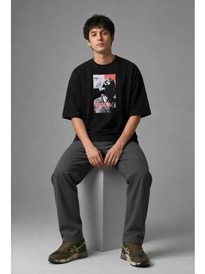 Posh Cabal F01005 Baskılı Oversize Siyah Erkek T-Shirt