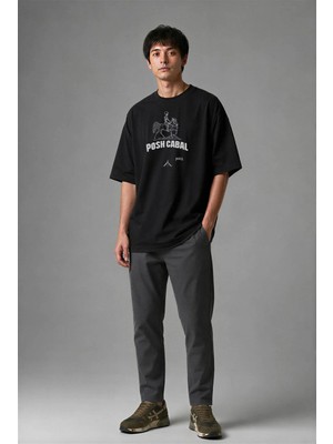 Posh Cabal F01054 Baskılı Oversize Siyah Erkek T-Shirt