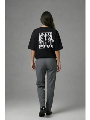 Posh Cabal A01080 Baskılı Oversize Siyah Kadın T-Shirt