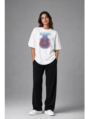 Posh Cabal F02046 Baskılı Oversize Beyaz Kadın T-Shirt