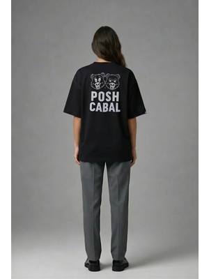 Posh Cabal A01091 Baskılı Oversize Siyah Kadın T-Shirt