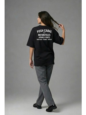 Posh Cabal A02145 Baskılı Oversize Siyah Kadın T-Shirt