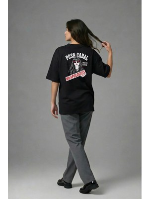 Posh Cabal A01088 Baskılı Oversize Siyah Kadın T-Shirt