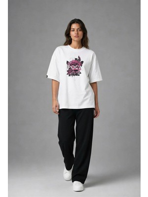 Posh Cabal F02003 Baskılı Oversize Beyaz Kadın T-Shirt