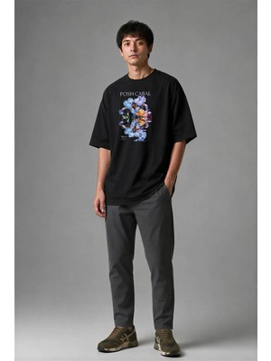 Posh Cabal F01099 Baskılı Oversize Siyah Erkek T-Shirt
