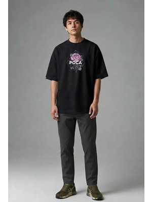 Posh Cabal F01007 Baskılı Oversize Siyah Erkek T-Shirt