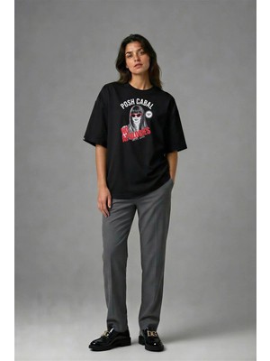 Posh Cabal F01024 Baskılı Oversize Siyah Kadın T-Shirt
