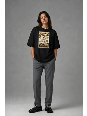 Posh Cabal F01056 Baskılı Oversize Siyah Kadın T-Shirt