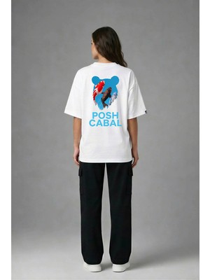 Posh Cabal A02057 Baskılı Oversize Beyaz Kadın T-Shirt