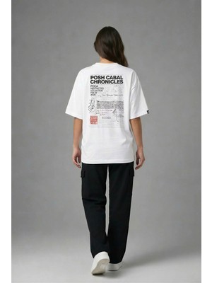 Posh Cabal A03013 Baskılı Oversize Beyaz Kadın T-Shirt