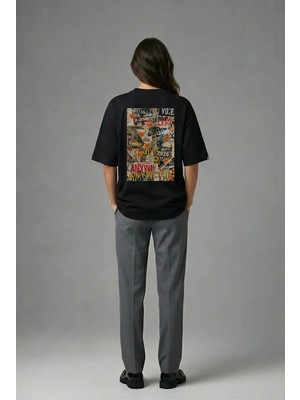 Posh Cabal A02052 Baskılı Oversize Siyah Kadın T-Shirt