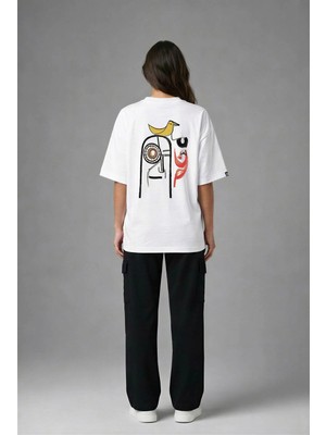 Posh Cabal A03038 Baskılı Oversize Beyaz Kadın T-Shirt