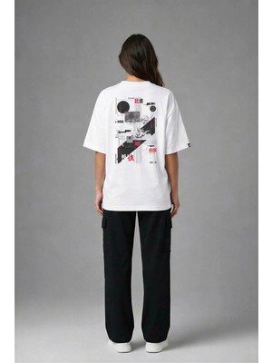 Posh Cabal A02138 Baskılı Oversize Beyaz Kadın T-Shirt