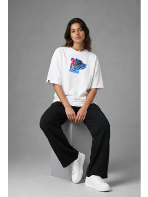 Posh Cabal F02060 Baskılı Oversize Beyaz Kadın T-Shirt