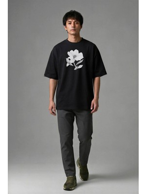 Posh Cabal F02048 Baskılı Oversize Siyah Erkek T-Shirt