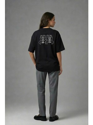 Posh Cabal A01089 Baskılı Oversize Siyah Kadın T-Shirt