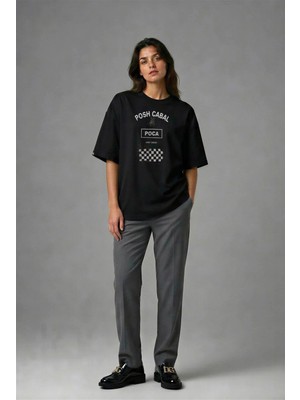 Posh Cabal F01114 Baskılı Oversize Siyah Kadın T-Shirt