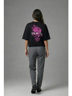 Posh Cabal A01025 Baskılı Oversize Siyah Kadın T-Shirt